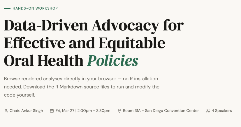 IADR 2026 Workshop: Data-Driven Advocacy for Effective and Equitable Oral Health Policies